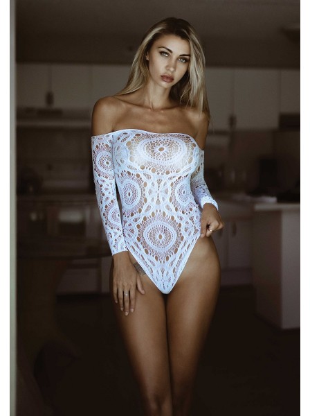 Sexy body a perizoma a maniche lunghe in pizzo bianco Leg Avenue in vendita su Tangamania Online