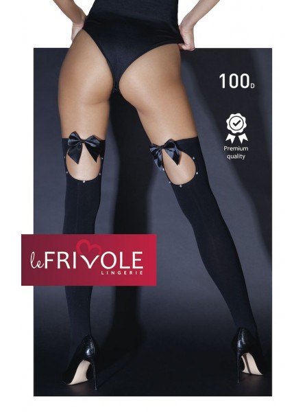 Sexy calze nere stretch con apertura posteriore decorata da strass e fiocco LeFrivole in vendita su Tangamania Online