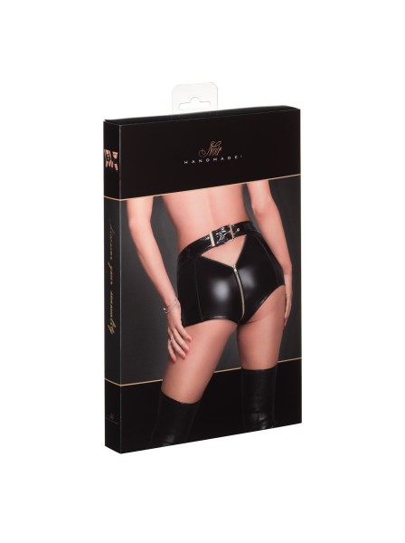 Sexy shorts in tessuto wetlook effetto bagnato con zip integrale Noir Handmade in vendita su Tangamania Online
