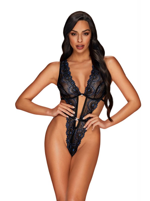 Sexy ed essenziale body nero con inserti in pizzo blu Belisis Obsessive Lingerie in vendita su Tangamania Online