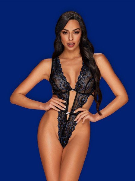 Sexy ed essenziale body nero con inserti in pizzo blu Belisis Obsessive Lingerie in vendita su Tangamania Online