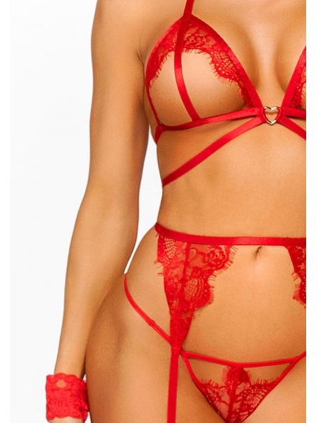 Sexy set rosso aperto con reggicalze perizoma e manettine Leg Avenue in vendita su Tangamania Online