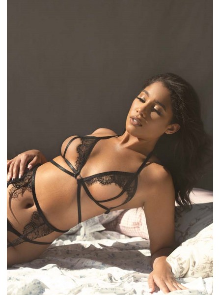 Sexy set nero aperto con reggicalze perizoma e manettine Leg Avenue in vendita su Tangamania Online