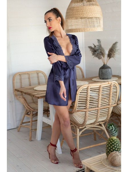 Set 3 pezzi Vestaglia chemise e perizoma in raso blu Jacqueline Livia Corsetti in vendita su Tangamania Online