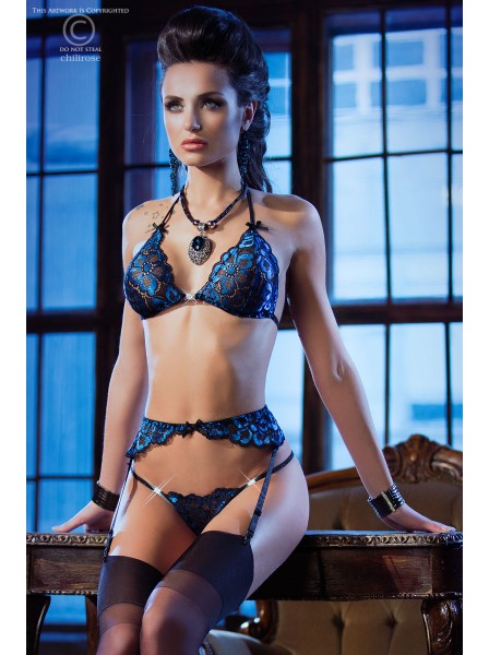 Sexy set in tre pezzi in blu con reggicalze Chilirose in vendita su Tangamania Online
