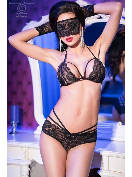 Sexy completino in pizzo nero con guanti e mascherina Chilirose in vendita su Tangamania Online