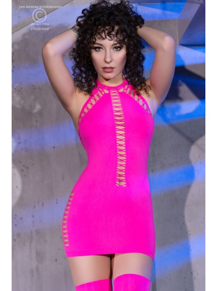 Miniabito rosa stretch 4D con audaci tagli decorativi Chilirose in vendita su Tangamania Online