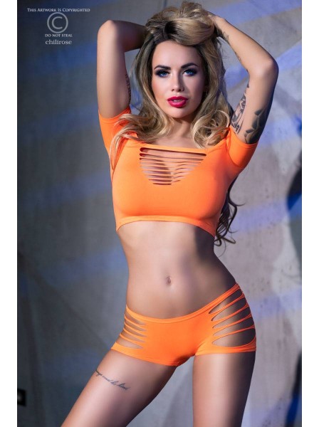 Completino top e shorts arancione acceso con tagli decorativi Chilirose in vendita su Tangamania Online