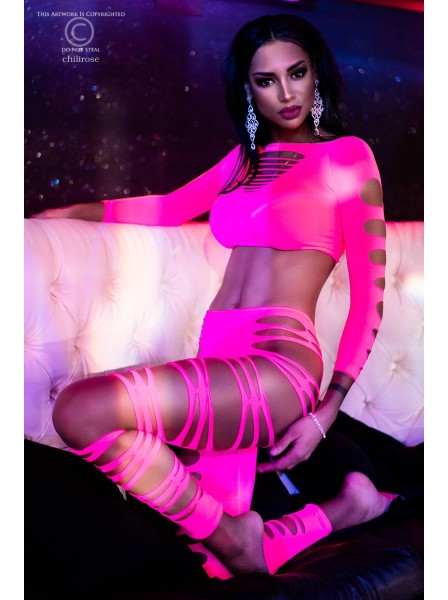 Set top e leggings in tessuto stretch rosa neon con tagli Chilirose in vendita su Tangamania Online