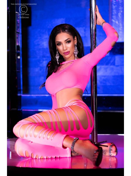 Set top e leggings in tessuto stretch rosa neon con tagli Chilirose in vendita su Tangamania Online