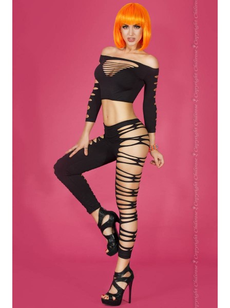 Set top e leggings in tessuto stretch nero con tagli decorativi Chilirose in vendita su Tangamania Online