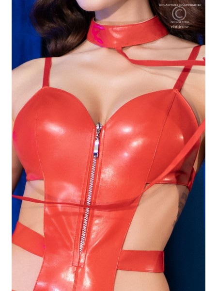 Body in tessuto wetlook rosso e collare con guinzaglio Chilirose in vendita su Tangamania Online