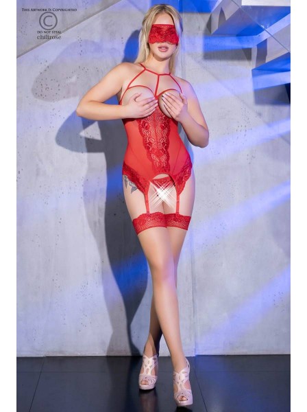 Set con corsetto senza coppe in pizzo rosso Chilirose in vendita su Tangamania Online