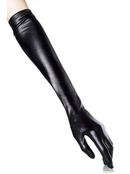 Eleganti guanti lunghi in tessuto wetlook nero Saresia in vendita su Tangamania Online