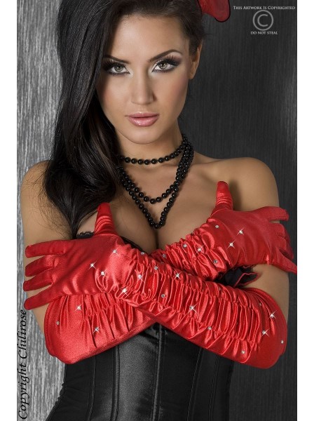 Eleganti guanti in raso rosso con arricciature e strass Chilirose in vendita su Tangamania Online