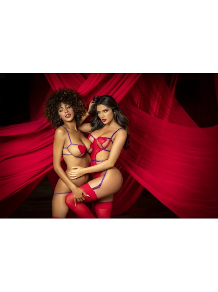 Body in tulle rosso con stringhe viola e aperture Mapalé in vendita su Tangamania Online
