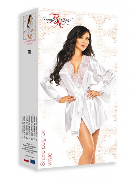 Sherie, vestaglia bianca in raso e pizzo con perizoma BeautyNight in vendita su Tangamania Online