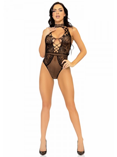 Sexy body nero elasticizzato in pizzo e rete Leg Avenue in vendita su Tangamania Online
