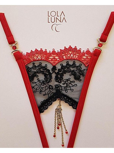 Sexy perizoma aperto in tulle e pizzo rosso e nero con bijoux Lola Luna in vendita su Tangamania Online