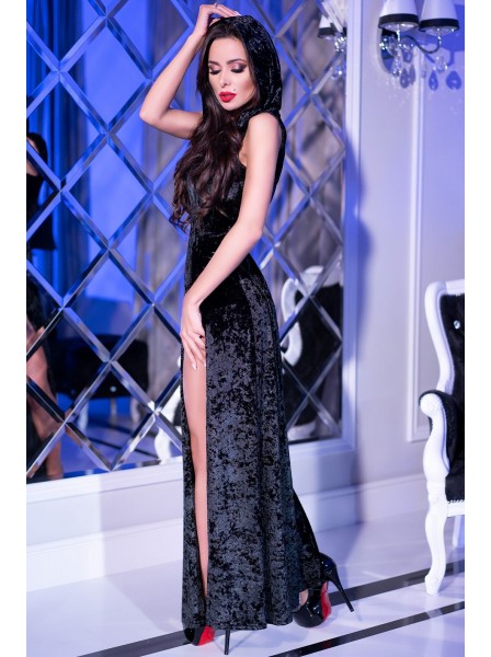 Maxi dress in velluto nero con lunghi spacchi e cappuccio Chilirose in vendita su Tangamania Online