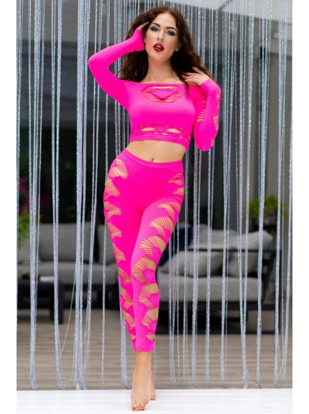 Set crop top e leggings rosa fluo con effetti cut-out Chilirose in vendita su Tangamania Online
