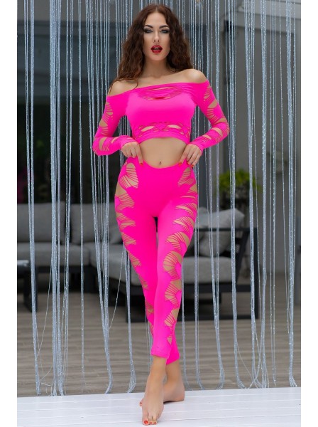 Set crop top e leggings rosa fluo con effetti cut-out Chilirose in vendita su Tangamania Online