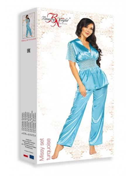 Missy, pigiama in raso turchese con inserti in pizzo BeautyNight in vendita su Tangamania Online