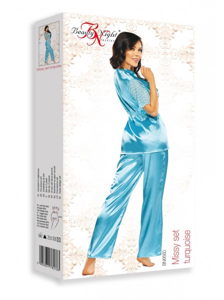 Missy, pigiama in raso turchese con inserti in pizzo BeautyNight in vendita su Tangamania Online