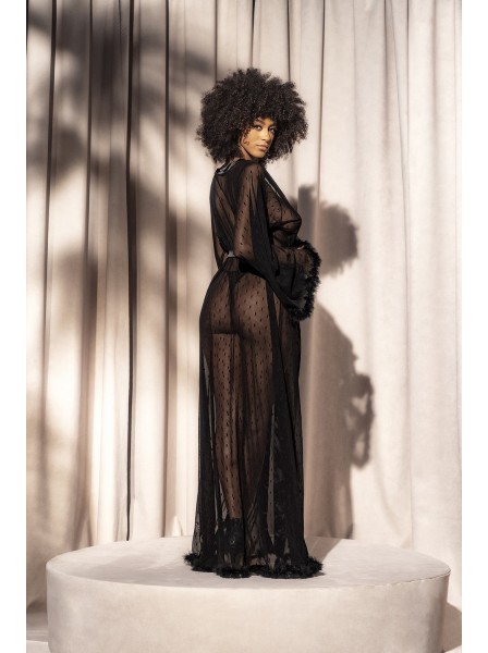 Elegante vestaglia lunga in pizzo nero con raso e piume Mapalé in vendita su Tangamania Online