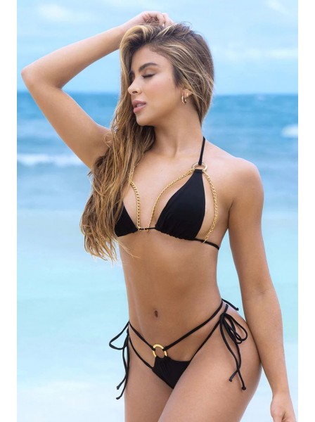 Sexy bikini nero con catene e anelli in metallo dorato Mapalé in vendita su Tangamania Online