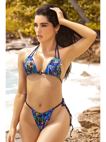 Bikini in stampa jungle blu con triangolo e slip Mapalé in vendita su Tangamania Online