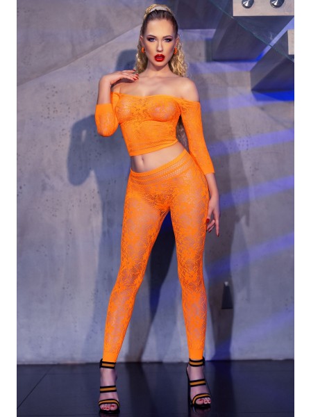 Set crop top e leggings a rete con ricami in arancione Chilirose in vendita su Tangamania Online