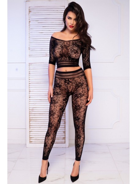 Set crop top e leggings senza cuciture con ricami in nero Chilirose in vendita su Tangamania Online