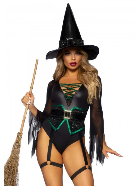 Provocante outfit da strega in nero e verde per Halloween Leg Avenue in vendita su Tangamania Online