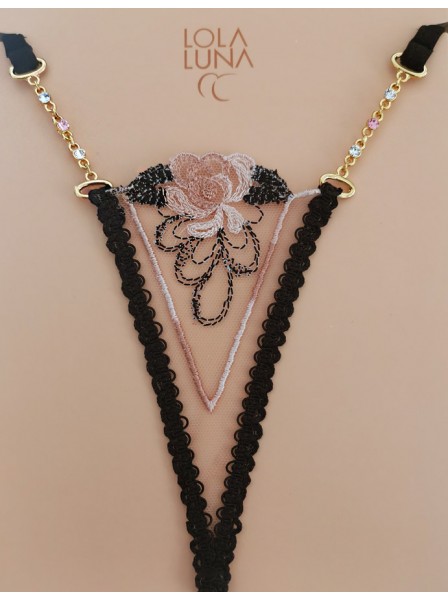 Micro perizoma Vanille con ricami in nero e rosa e gioielli Lola Luna in vendita su Tangamania Online