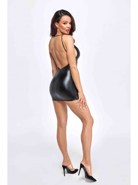 Mirage, abito wetlook con schiena nuda e filo di strass Noir Handmade in vendita su Tangamania Online