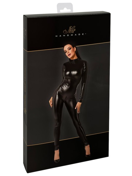 Catsuit con zip a tre vie in tessuto lucido effetto wetlook Noir Handmade in vendita su Tangamania Online