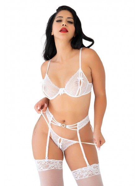 Set lingerie Be Mine in pizzo bianco con reggicalze Daring Intimates in vendita su Tangamania Online