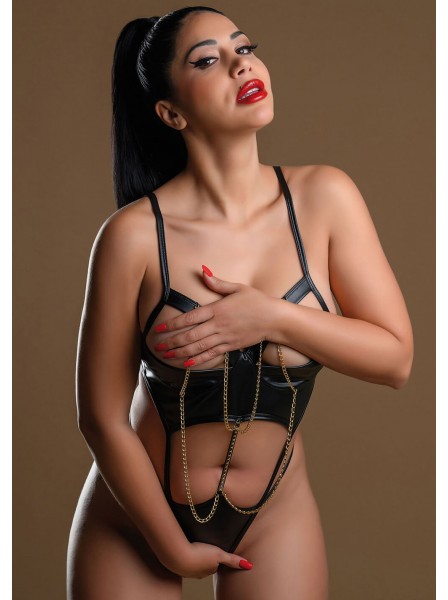 Body wetlook nero con catene e coppe aperte Daring Intimates in vendita su Tangamania Online