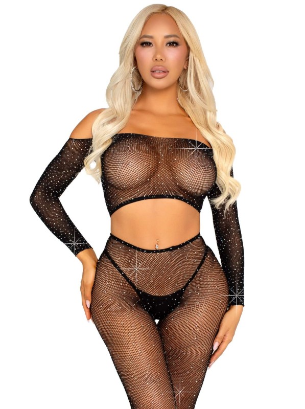 Maglietta crop a manica lunghe e collant a rete con strass Leg Avenue in vendita su Tangamania Online