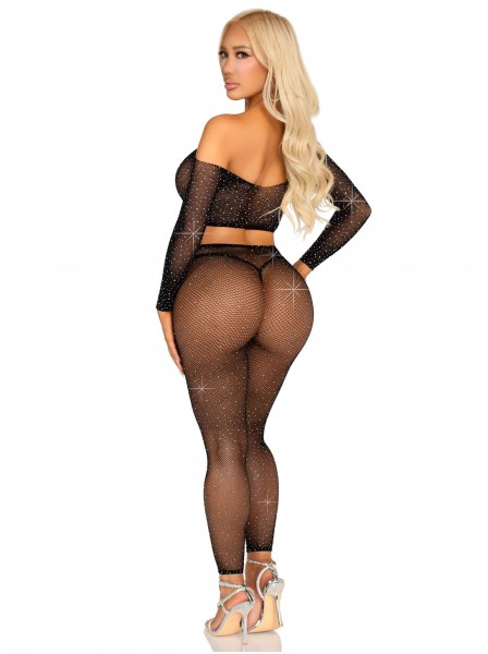 Maglietta crop a manica lunghe e collant a rete con strass Leg Avenue in vendita su Tangamania Online