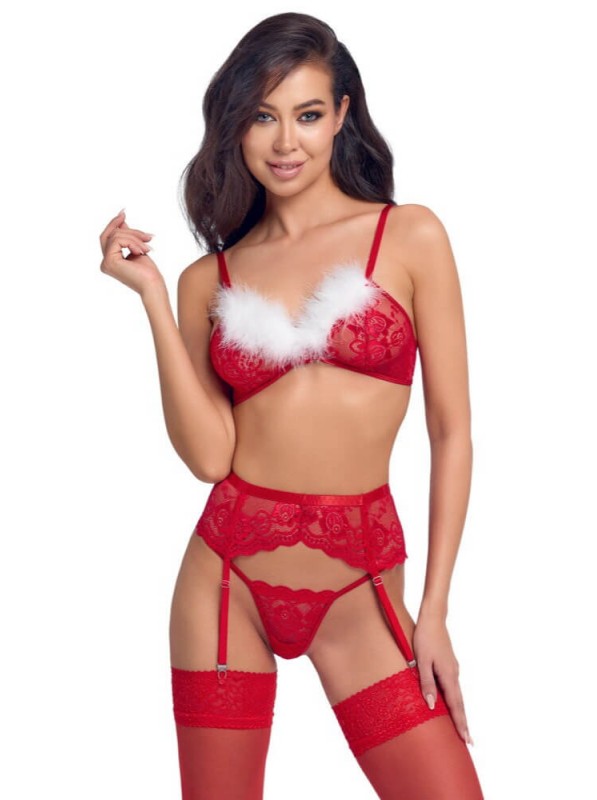 Completo rosso 3 pezzi in pizzo con piume – Cottelli Cottelli Lingerie in vendita su Tangamania Online