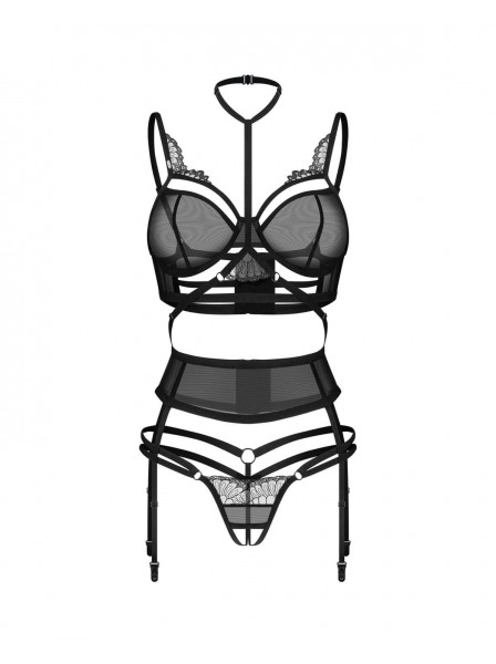 Set nero con dettagli ricamati e reggicalze – Premisis Black Obsessive Lingerie in vendita su Tangamania Online