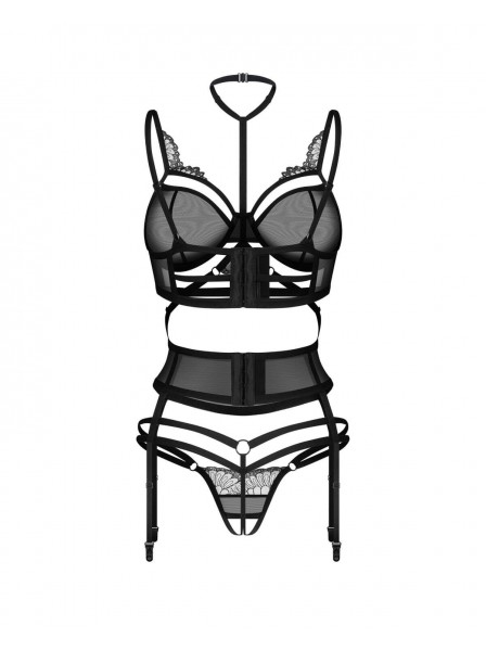 Set nero con dettagli ricamati e reggicalze – Premisis Black Obsessive Lingerie in vendita su Tangamania Online
