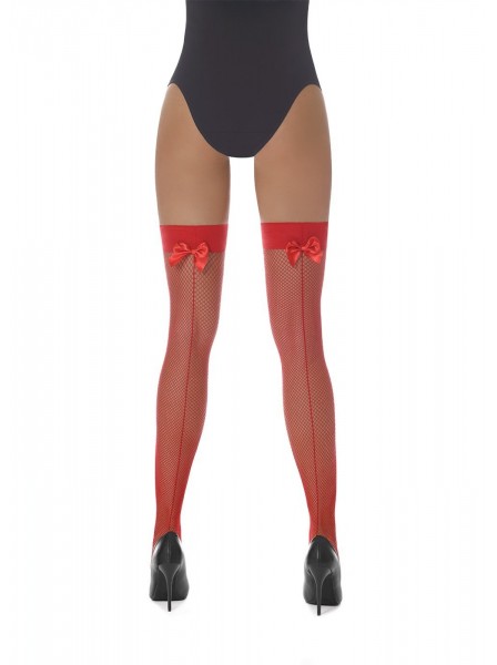 Mikaela calze autoreggenti a rete piccola con riga e fiocco in quattro colori BasBleu in vendita su Tangamania Online